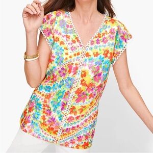 Talbots Multicolor Floral Scalloped Short Sleeve Blouse